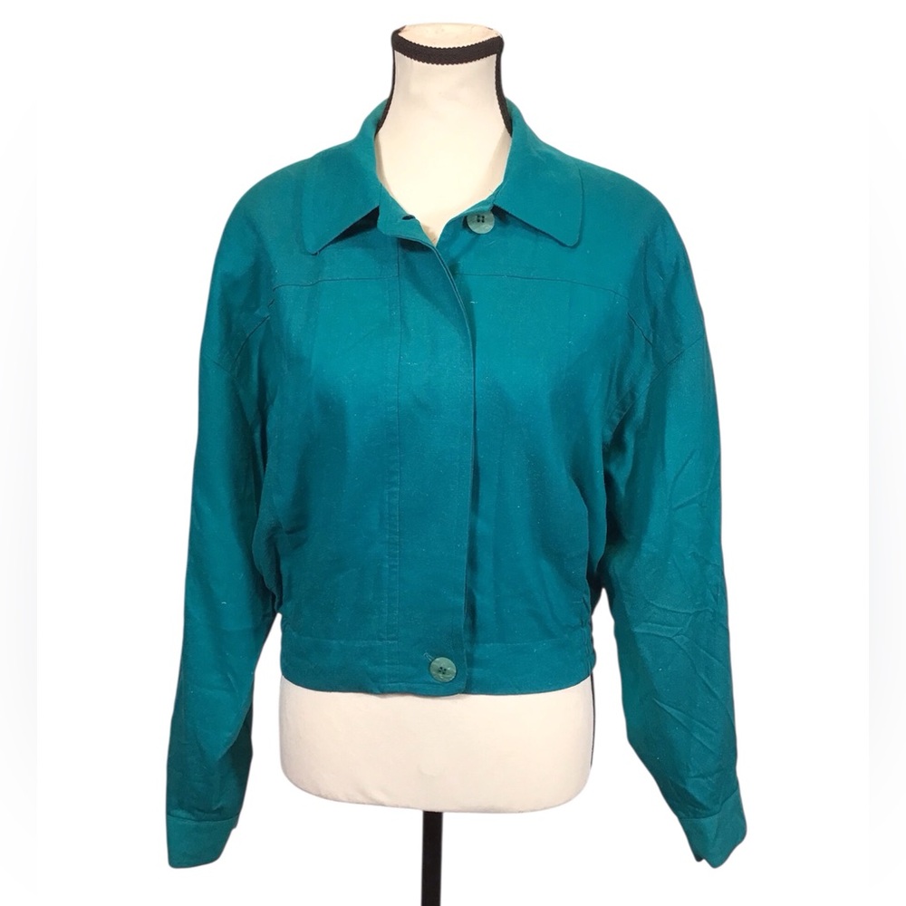 Georgiou Vintage Silk Bomber Jacket Cropped Short Coat Womens Size 8 Teal NWT